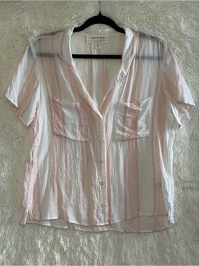 Cloth & Stone Anthropologie Womens Striped Sheer Button Down Top M Pink White